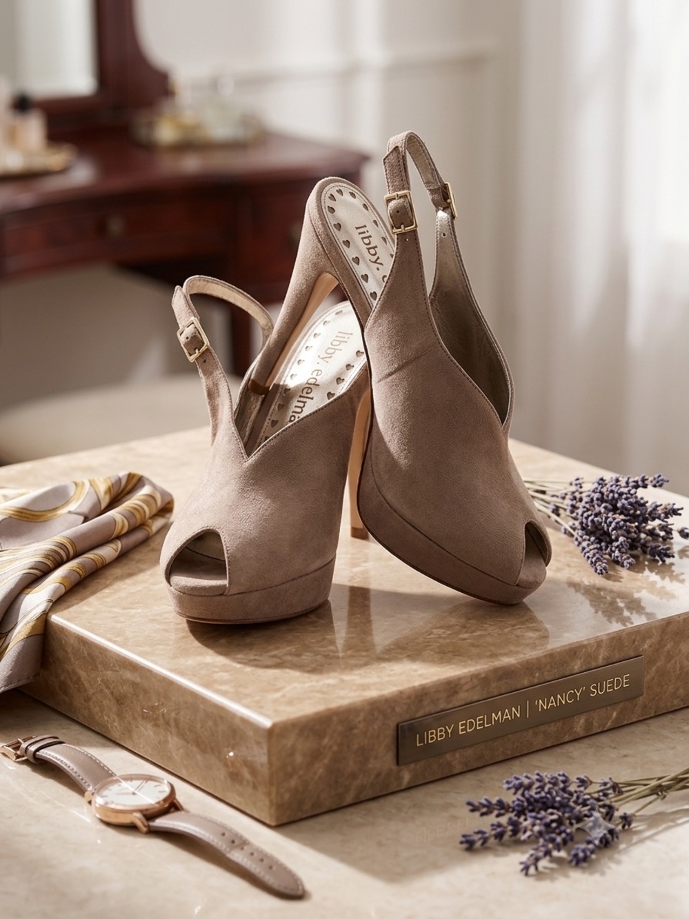 libby. edelman Taupe Suede Peep-Toe Slingback Heels